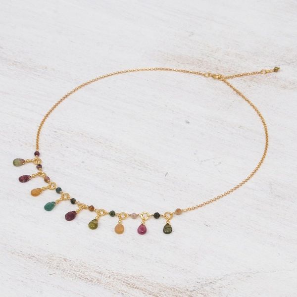 Alternate image for Natural Tourmaline 24k Gold Plated Waterfall Necklace Colorful Array