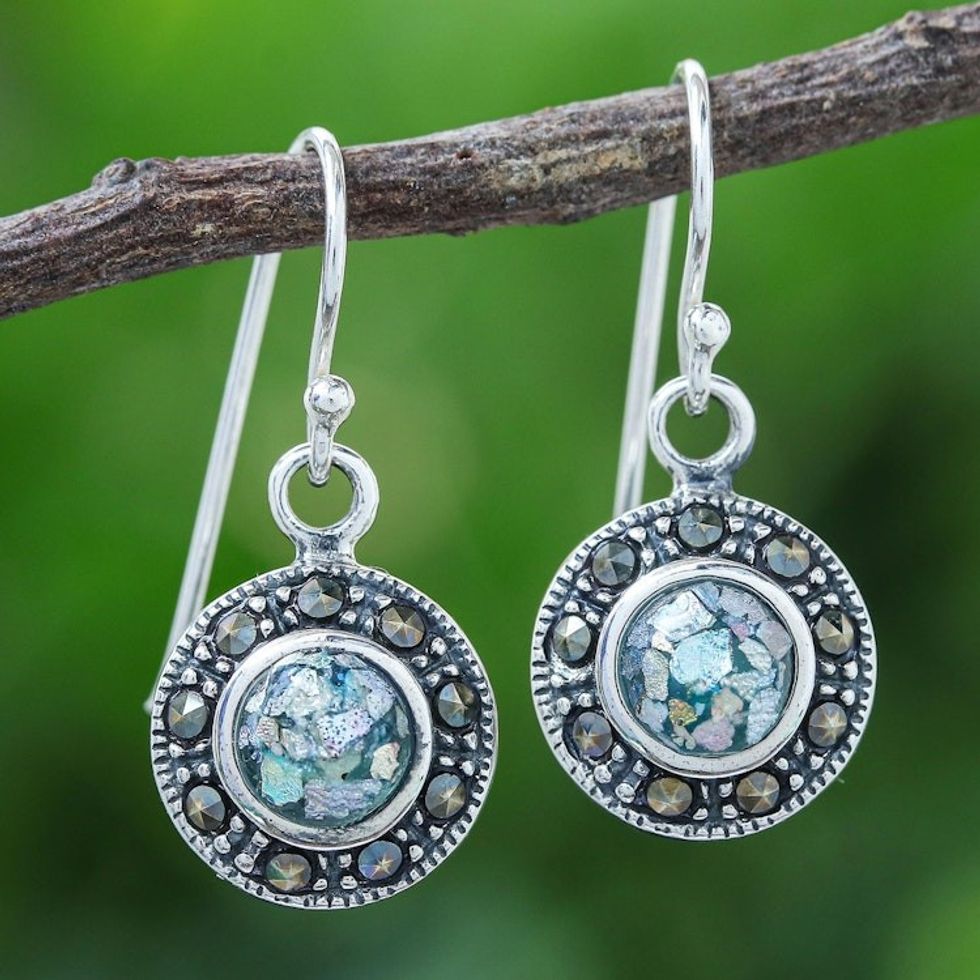 Marcasite and Roman Glass Dangle Earrings 'Arctic Night'