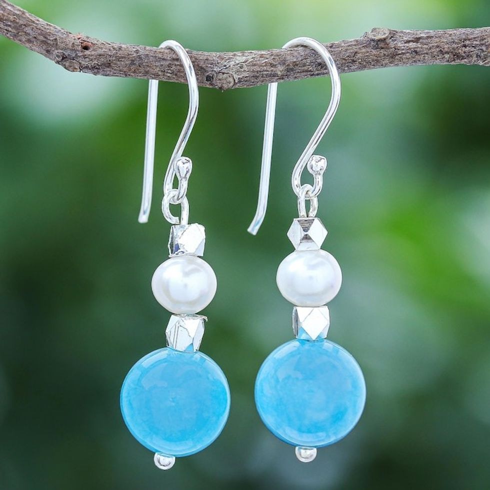Hand Made Quartz and Freshwater Pearl Dangle Earrings 'Ocean Charm'