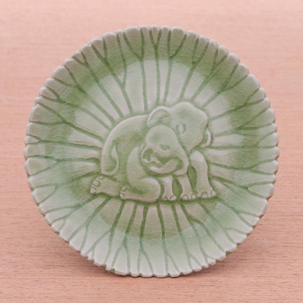 Hand Crafted Elephant Motif Celadon Ceramic Plate 'Elephant Nurture'