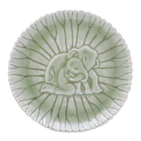 Alternate image for Hand Crafted Elephant Motif Celadon Ceramic Plate Elephant Nurture
