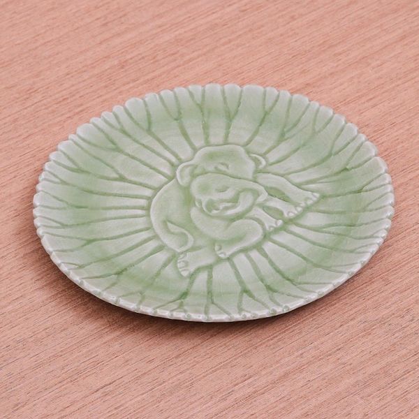 Alternate image for Hand Crafted Elephant Motif Celadon Ceramic Plate Elephant Nurture