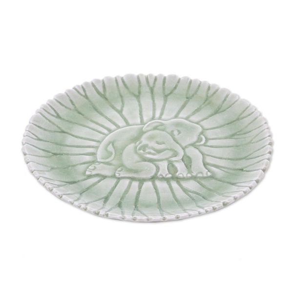 Alternate image for Hand Crafted Elephant Motif Celadon Ceramic Plate Elephant Nurture