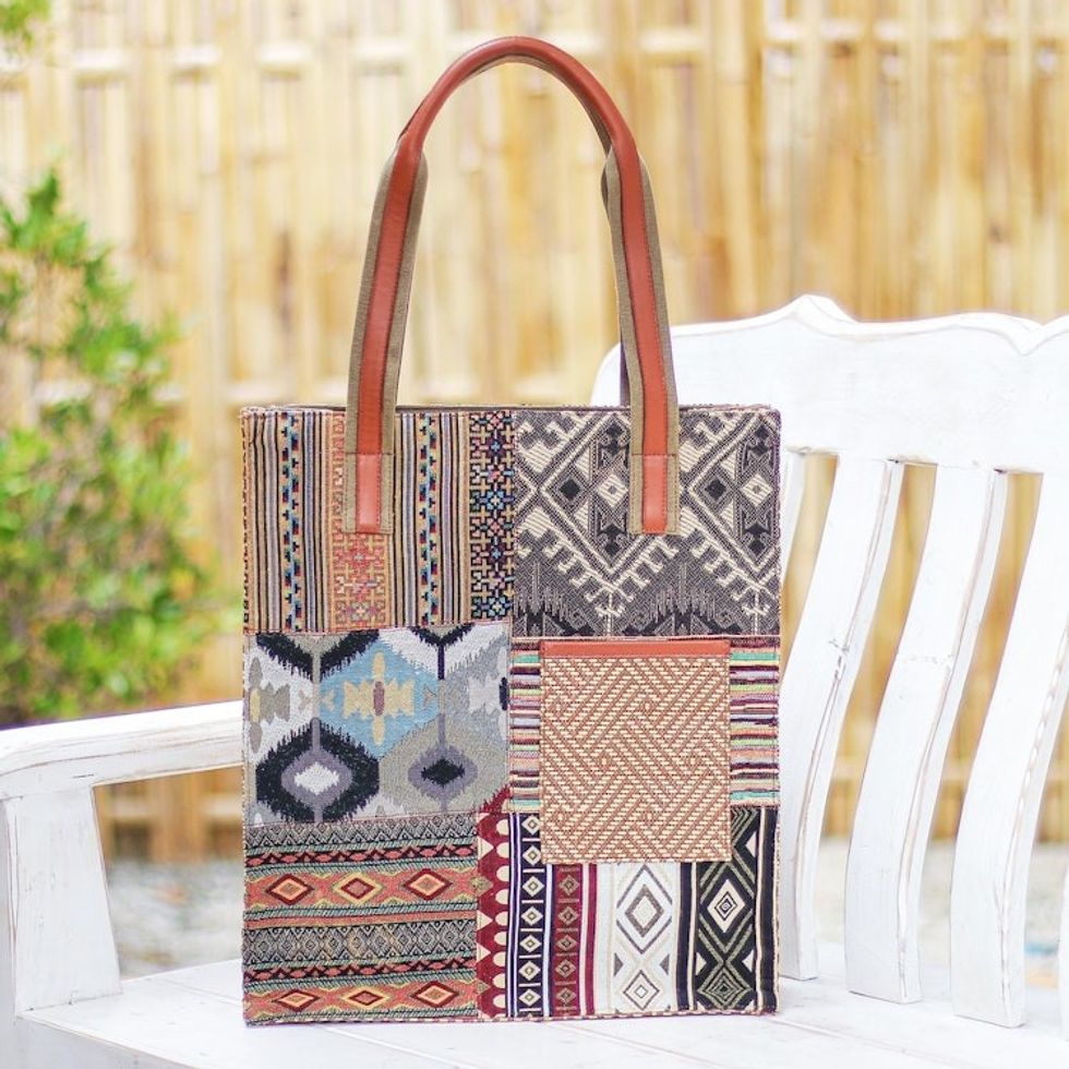 Thai Cotton Blend and Leather Tote Bag 'Happy Day in Yellow'