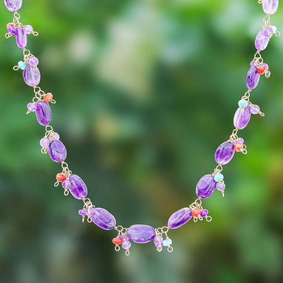 Gold Plated Necklace with Quartz and Amethyst Beads 'Sunset Mood in Violet'