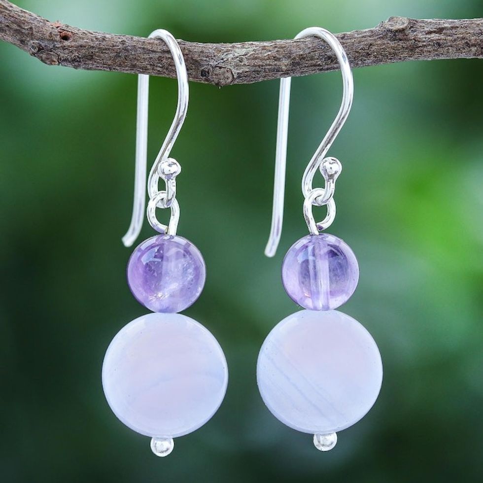 Hand Crafted Agate and Amethyst Dangle Earrings 'Violet Hour'