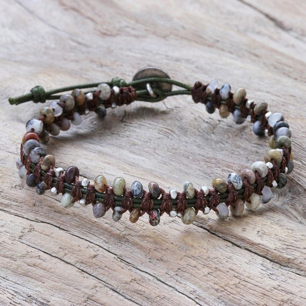 Hand Knotted Macrame Agate and Leather Cord Bracelet 'Spiritual Side in Brown'