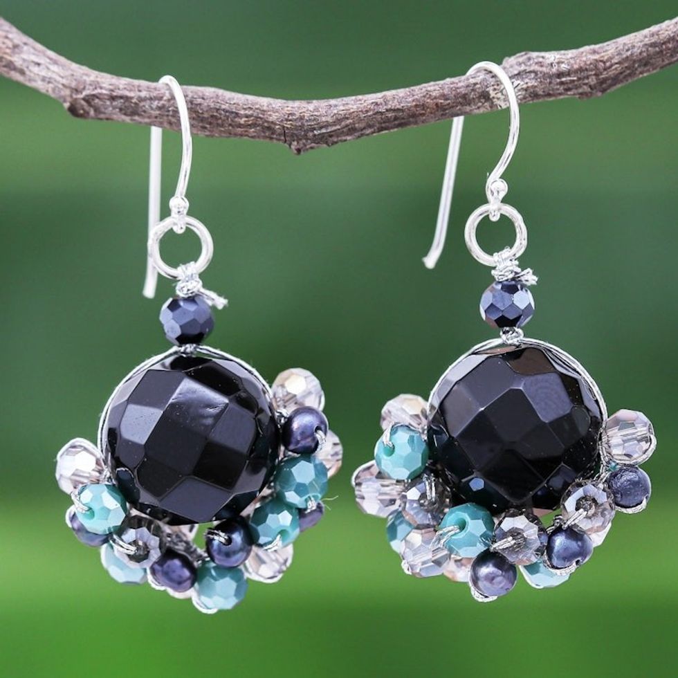 Onyx and Freshwater Pearl Dangle Earrings 'Vivid Dream in Teal'
