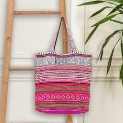 Image for Hmong Cross-Stitch Cotton-Blend Tote Bag Pink Vacation