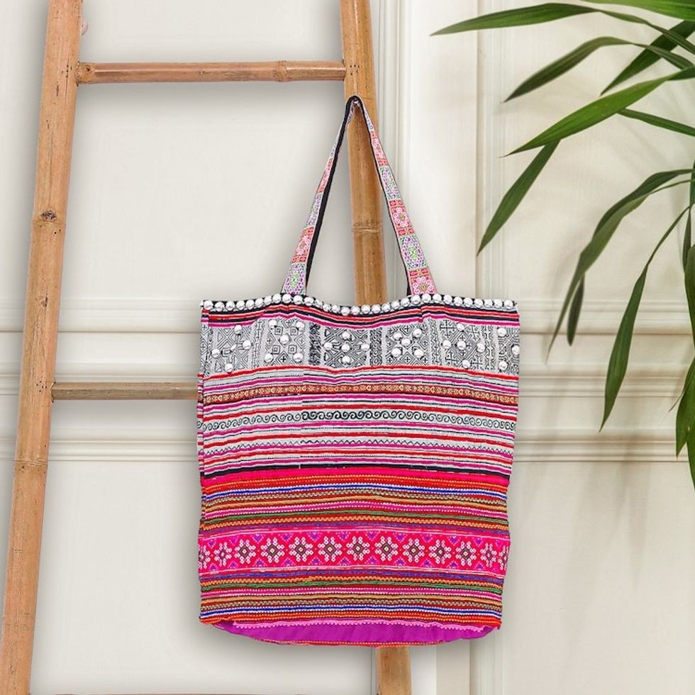 Hmong Cross-Stitch Cotton-Blend Tote Bag 'Pink Vacation'