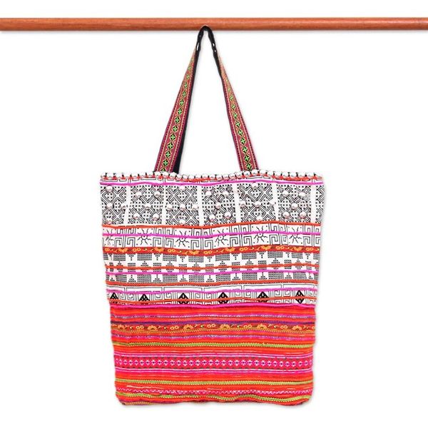 Alternate image for Hmong Cross-Stitch Cotton-Blend Tote Bag Pink Vacation