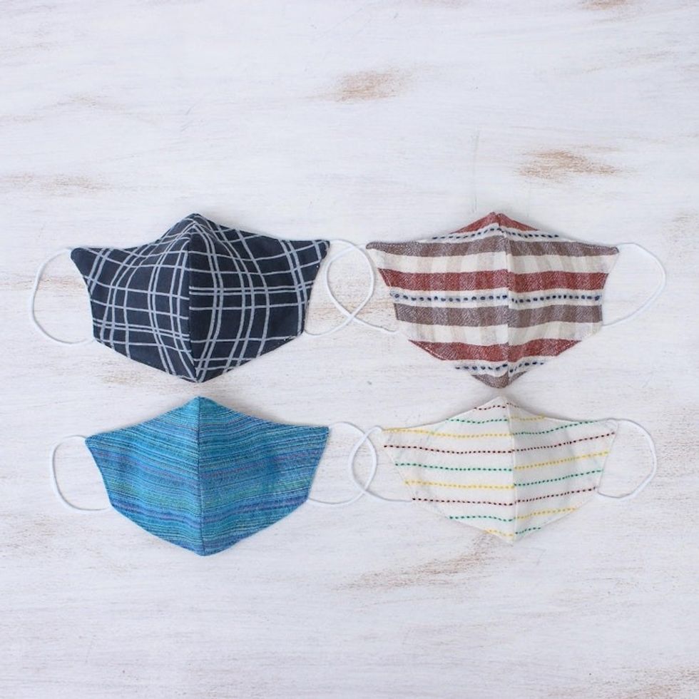 Cotton Handcrafted Thai Face Masks Set of 4--2 L 2 SM 'Weekend Casual'