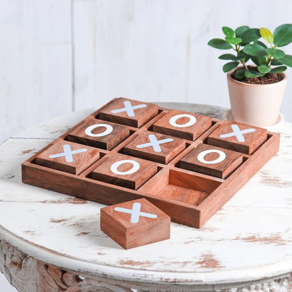 Hand Painted Tic-Tac-Toe Raintree Wood Game from Thailand 'Simple Strategy'