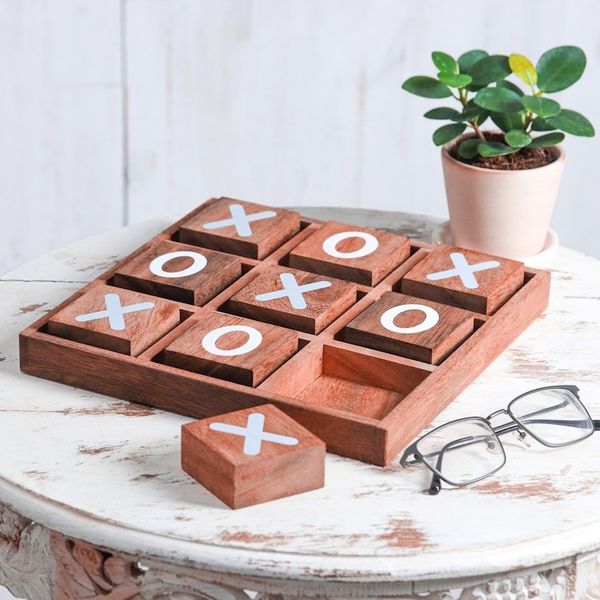 Alternate image for Hand Painted Tic-Tac-Toe Raintree Wood Game from Thailand Simple Strategy