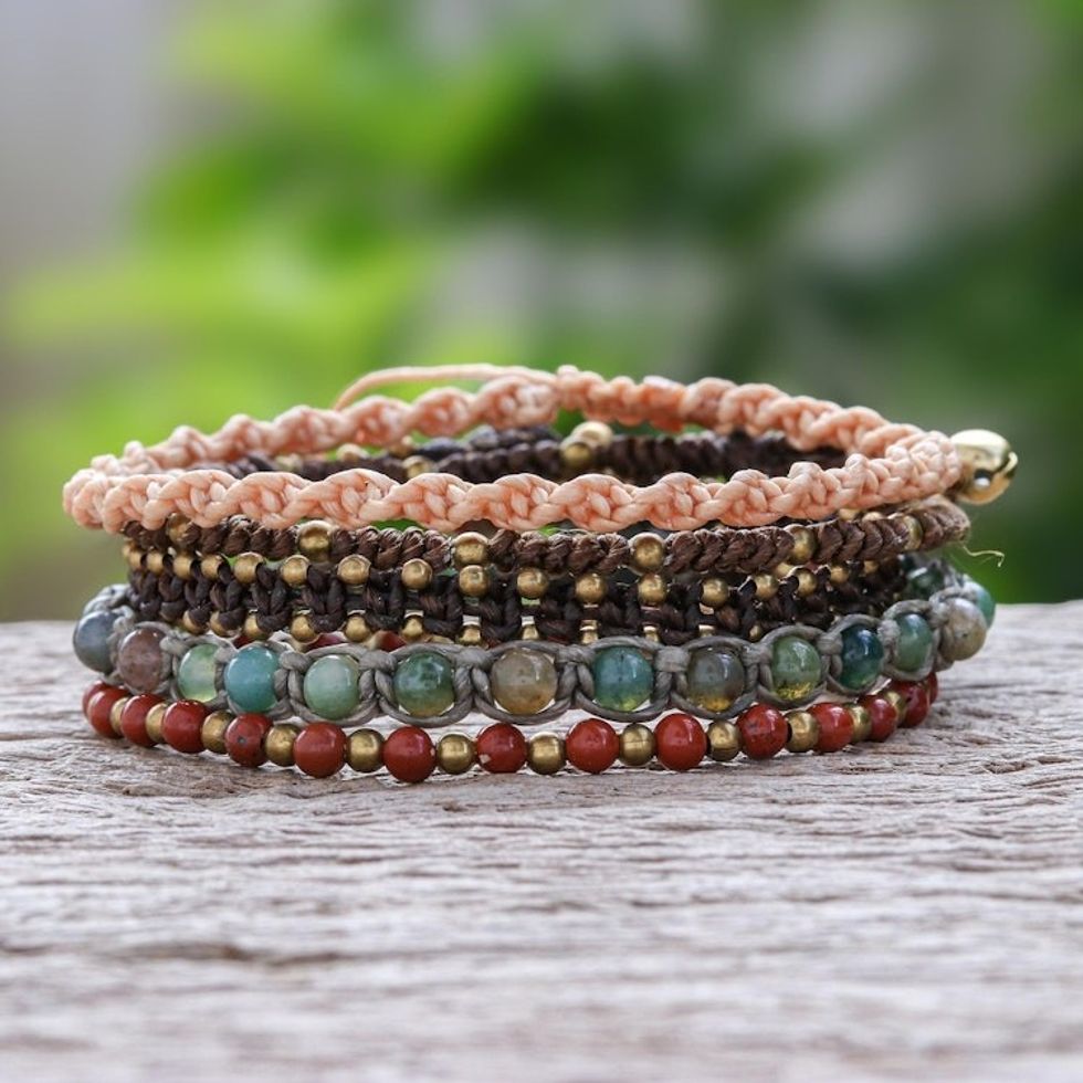 Jasper and Agate Beaded Macrame Bracelets Set of 5 'Amazing Holiday'