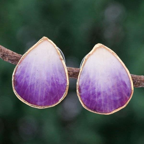 Alternate image for Hand Crafted Orchid Flower Button Earrings Mini Rock Orchid in Purple