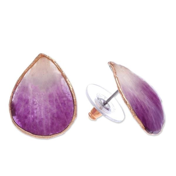 Alternate image for Hand Crafted Orchid Flower Button Earrings Mini Rock Orchid in Purple
