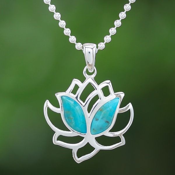 Alternate image for Natural Turquoise and Sterling Silver Lotus Necklace Blooming Spirit