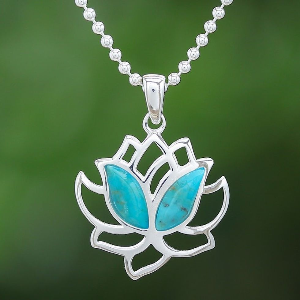 Natural Turquoise and Sterling Silver Lotus Necklace 'Blooming Spirit'