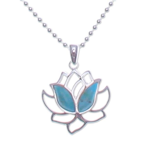 Alternate image for Natural Turquoise and Sterling Silver Lotus Necklace Blooming Spirit