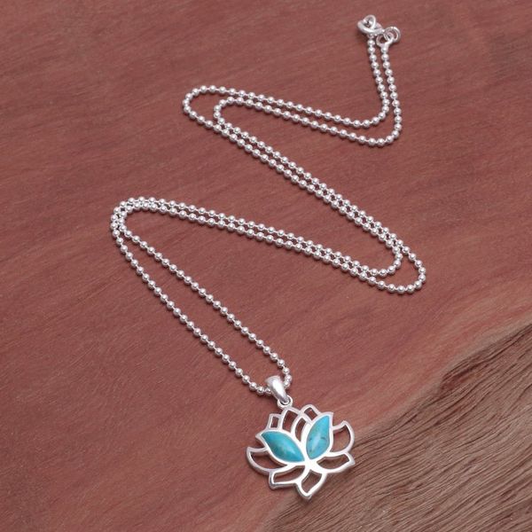 Alternate image for Natural Turquoise and Sterling Silver Lotus Necklace Blooming Spirit