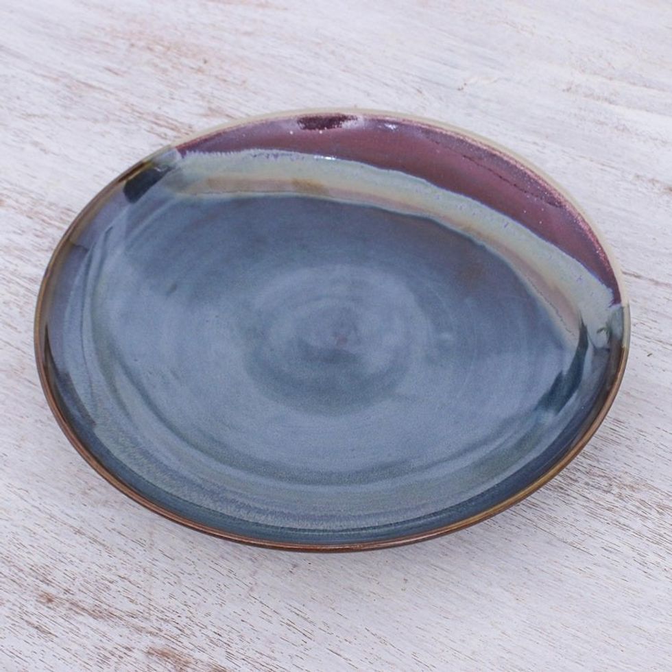 Handmade Blue and Red Ceramic Dinner Plate 'Happy Harvest'