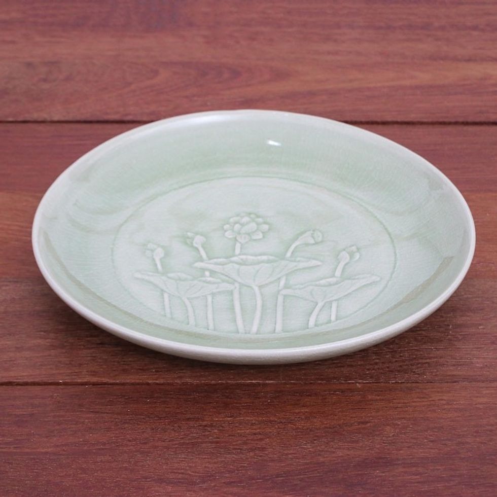 Hand Crafted Celadon Ceramic Lotus Flower Salad Plate 'Flavorful'