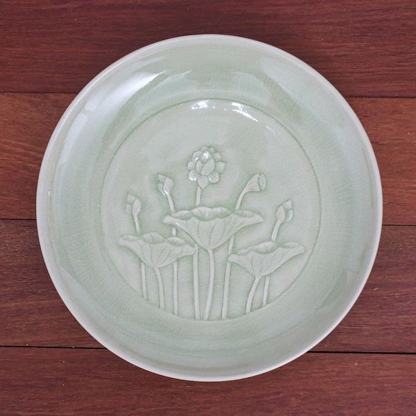 Alternate image for Hand Crafted Celadon Ceramic Lotus Flower Salad Plate Flavorful