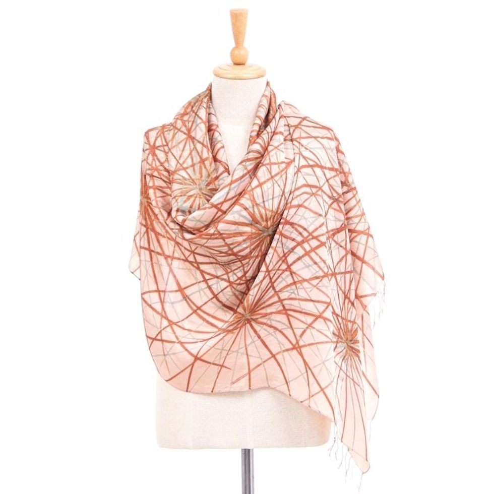 Hand-Painted Thai Silk Shawl 'Firework Festival in Brown'