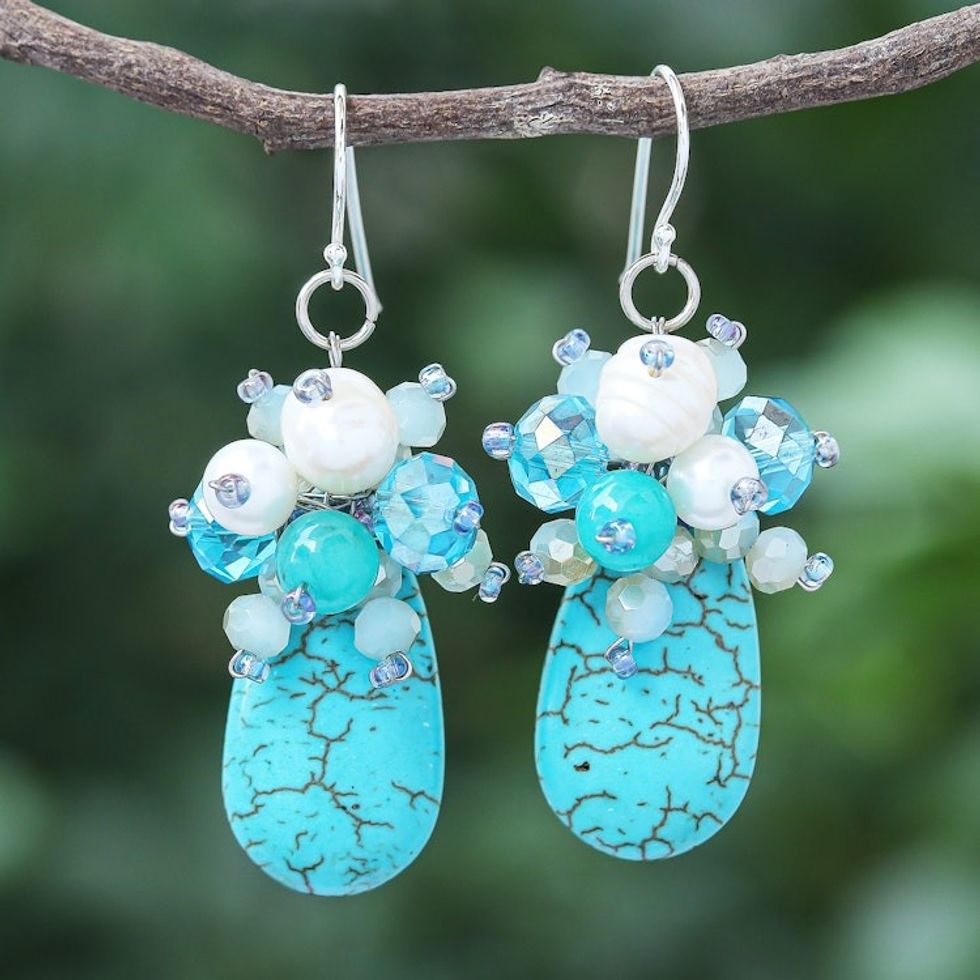 Howlite and Cultured Freshwater Pearl Dangle Earrings 'Space Candy in Blue'