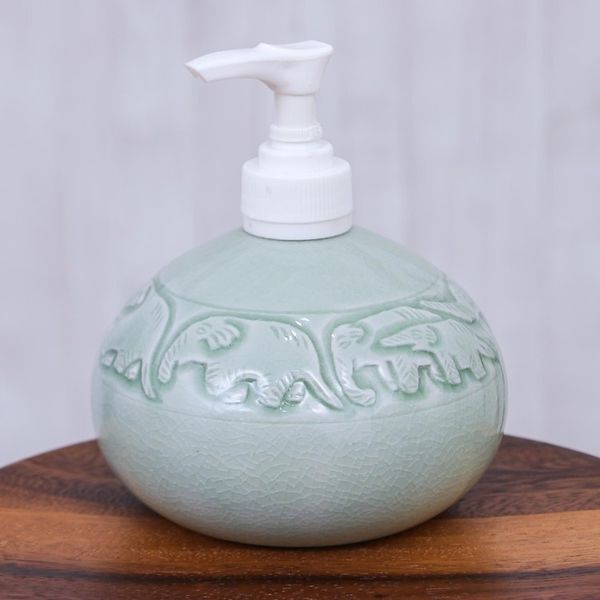 Alternate image for Hand Crafted Celadon Ceramic Soap Dispenser Elephant Bath