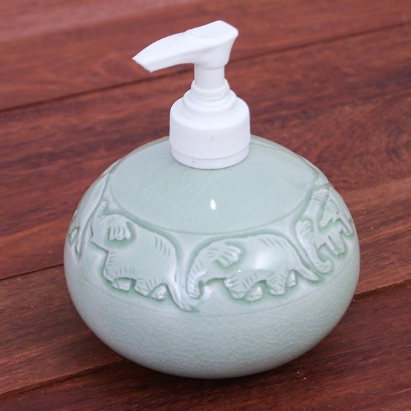 Alternate image for Hand Crafted Celadon Ceramic Soap Dispenser Elephant Bath