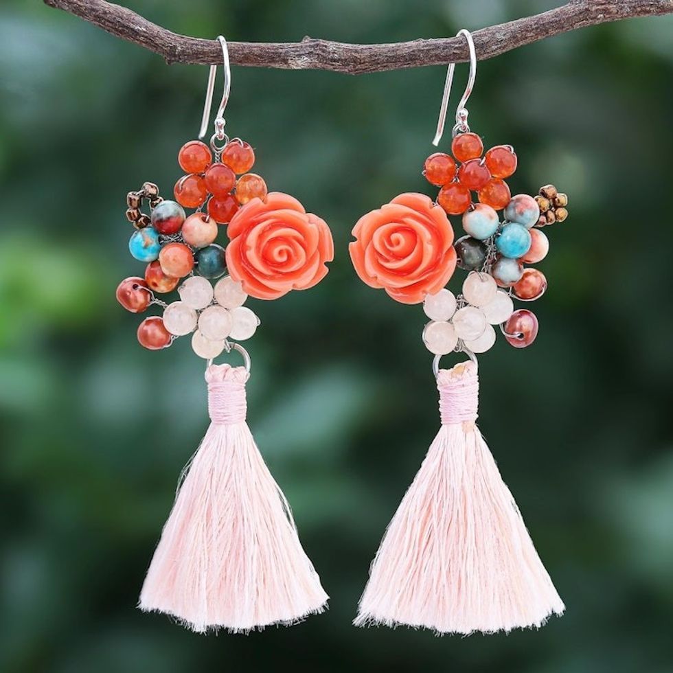 Agate and Cultured Freshwater Pearl Dangle Earrings 'Candy Bouquet in Orange'