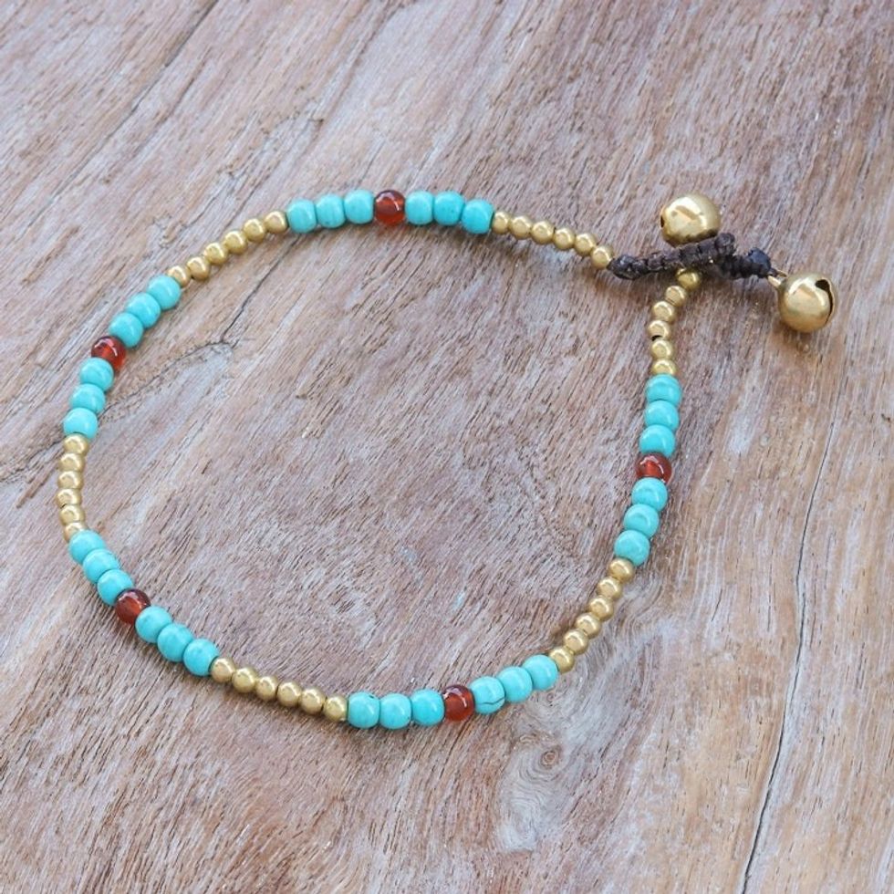 Thai Carnelian and Brass Beaded Anklet 'Sky Journey'