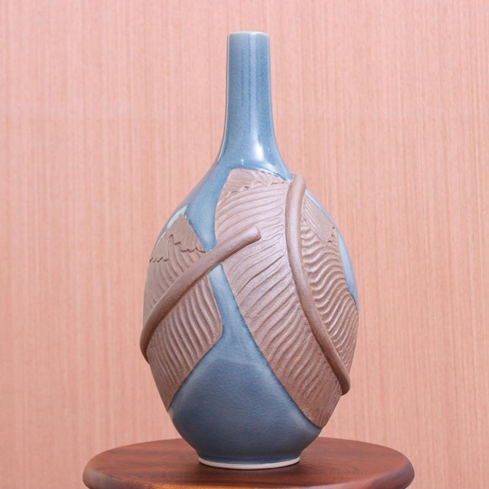 Hand Crafted Celadon Ceramic Banana Leaf Vase 'Blue Banana'