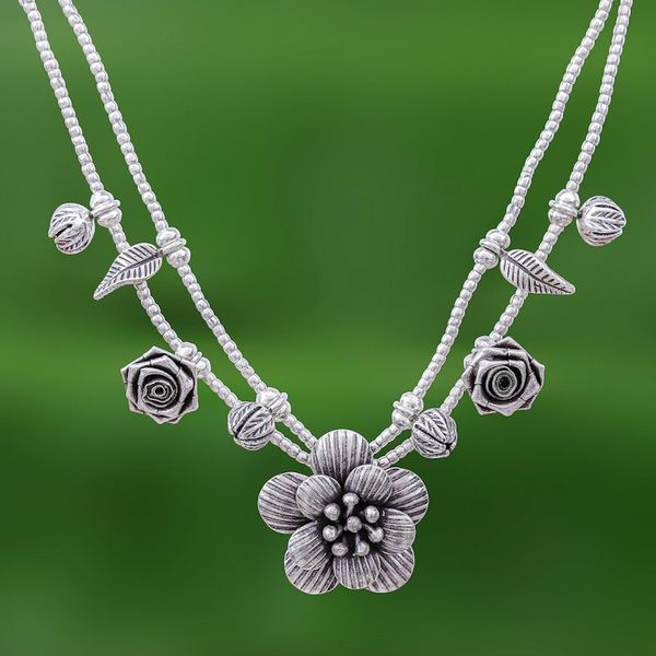 Alternate image for Silver Flower Two Strand Charm Necklace Seeds of Love