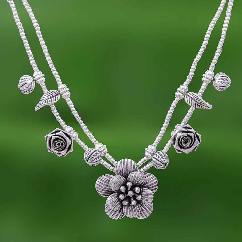 Silver Flower Two Strand Charm Necklace 'Seeds of Love'