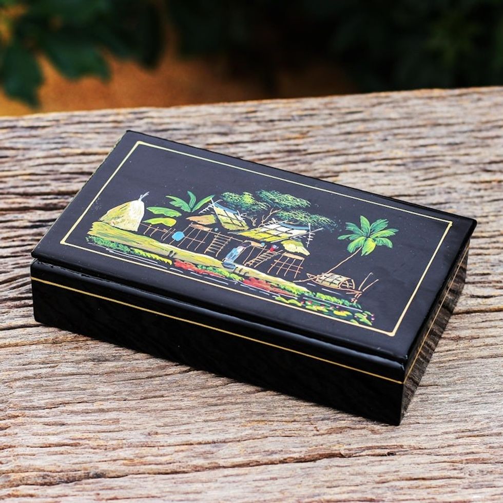 Scenic Lacquerware Wood Box from Thailand 'Countryside Life'