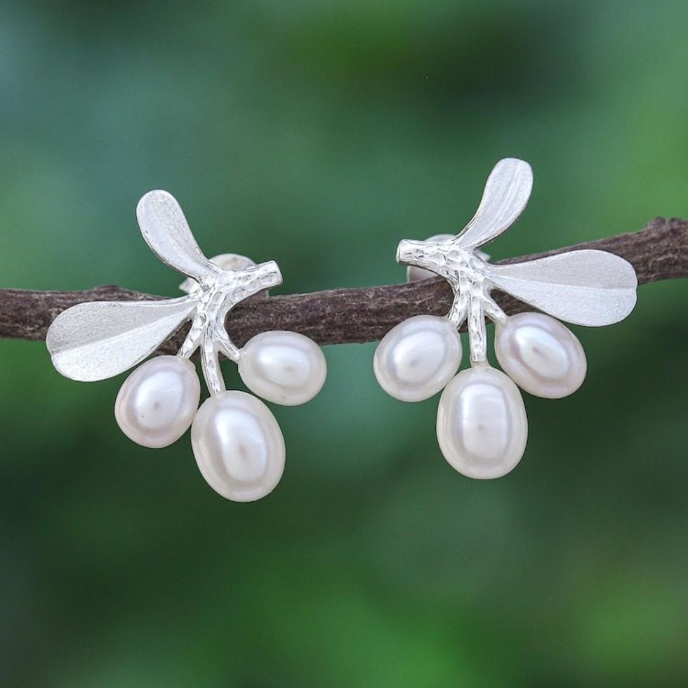 Cultured Pearl Drop Earrings with Leaf Motif 'Tropical Taste'