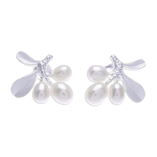 Alternate image for Cultured Pearl Drop Earrings with Leaf Motif Tropical Taste