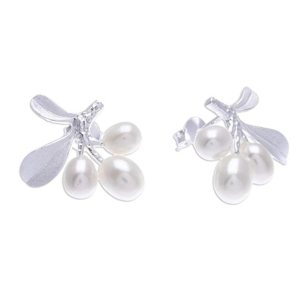 Alternate image for Cultured Pearl Drop Earrings with Leaf Motif Tropical Taste