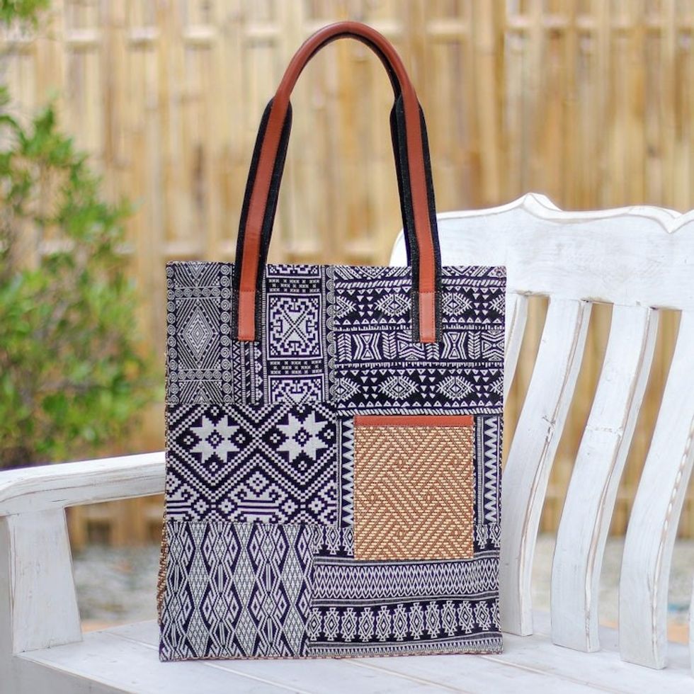 Cotton Blend Geometric-Motif Tote Bag 'Happy Day in Black'