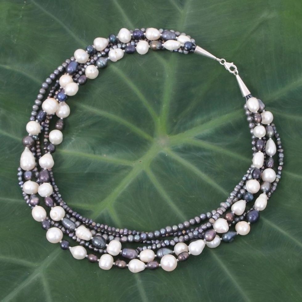 Hand Made Cultured Pearl Station Necklace 'Contrasting Sea'