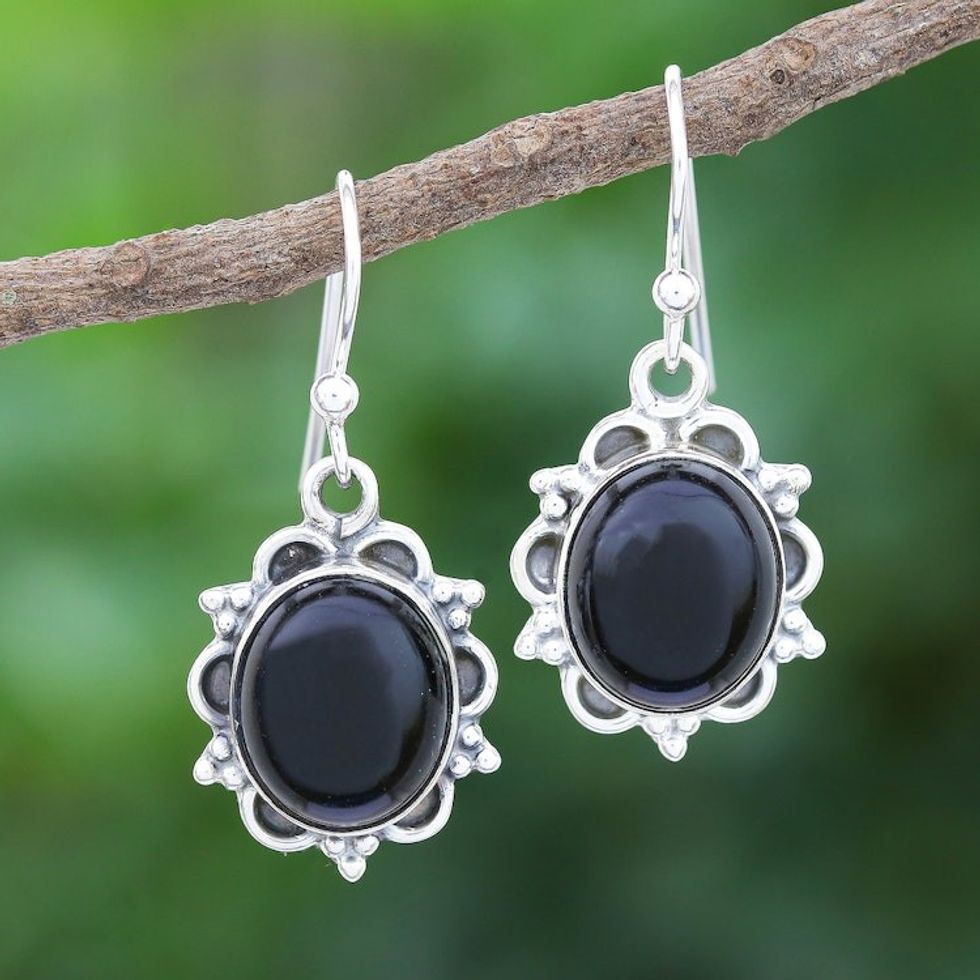 Black Onyx Cabochon Sterling Silver Dangle Earrings 'Midnight Spark'