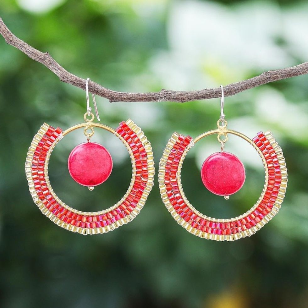 Howlite and Glass Beaded Circle Earrings 'Universal Sun in Red'
