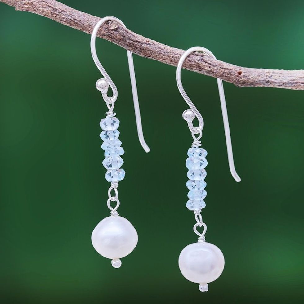 Blue Topaz and Cultured Pearl Dangle Earrings 'Iced'