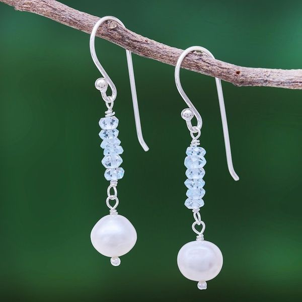 Alternate image for Blue Topaz and Cultured Pearl Dangle Earrings Iced
