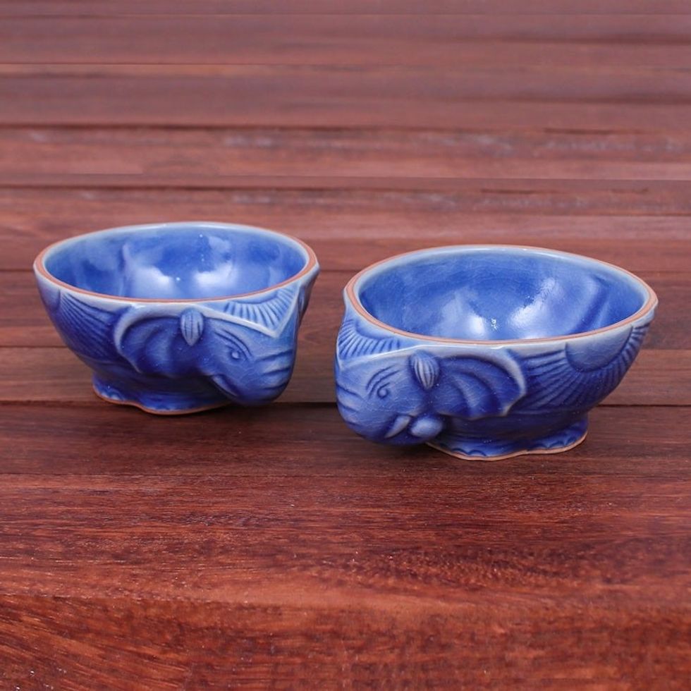 Blue Celadon Elephant Bowls Pair 'Elephant Companion in Blue'