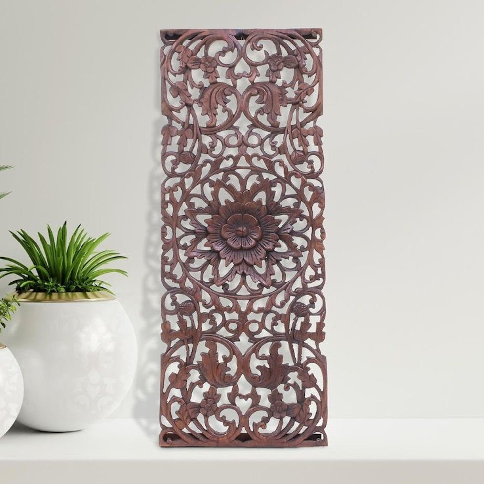 Artisan Crafted Teak Wood Relief Panels Set of 3 'Lotus Charm'
