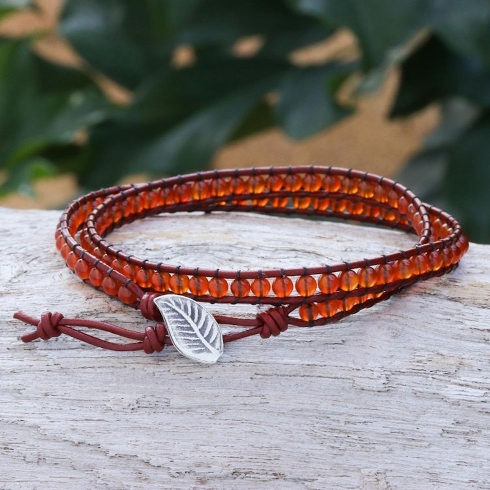Carnelian and Leather Beaded Wrap Bracelet 'Inner Sunbeam'